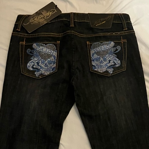 Ed Hardy Rare Crystal Encrusted Love Kills Slowly Skull Bootcut Jeans Sz. 29 NWT - Picture 3 of 14